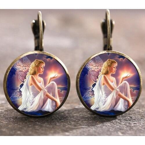 2 pcs/1pair Angel girl Art Bronze Glass Cabochon 18 MM Lever Back Earrings Korean Earrings 2021