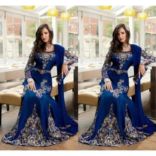 Arabic Islamic Jewel Neck Embroidery Crystal Beaded Royal Blue Long Formal Dubai Abaya Party Dress Prom Gowns Luxury Evening Dre