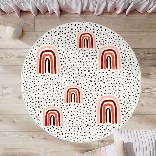 Beyaz Çocuk Odası Halısı renkli gökkuşağı siyah yuvarlak şekil