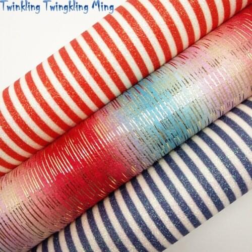 Red Stripes Glitter leather, Stripes Printed Faux Leather, Rainbow Gold Stripes Fabric For Bow A4 21x29CM Twinkling Ming KM135