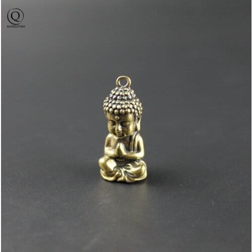 Vintage Solid Brass Baby Buddha Statue Key Chain Pendants Pure Copper Lucky Buddha Keychains Hanging Ornaments For Children Gift