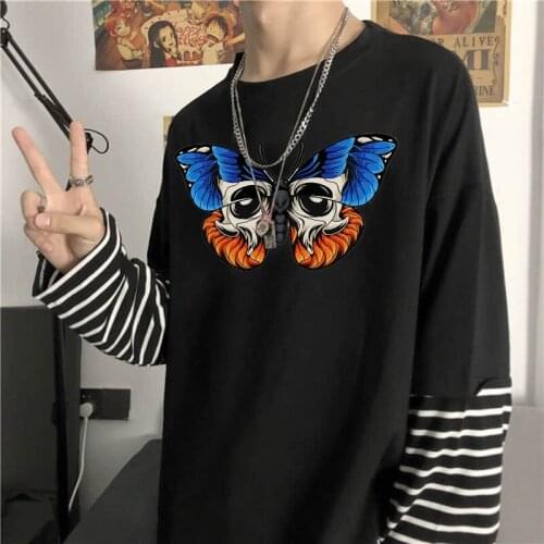 Harajuku Butterfly Graffiti Long T Shirts Top Men 2021 Fashion Streetwear Unisex Summer Oversize Fake Two Pieces Stripes T Shirt