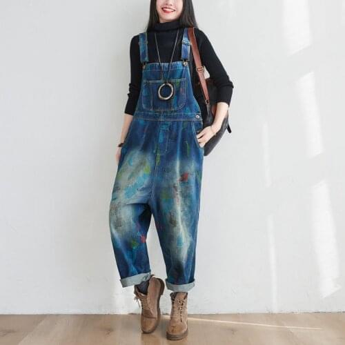 Denim Jumpsuit Women Loose Wide Leg cowboy Rompers Spring Autumn Baggy Streetwear Korean Style Suspenders Drop Crotch jeans
