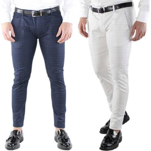 Elegant plaid cotton pants men Slim Fit light blue gray stretch pants Chino Scottish