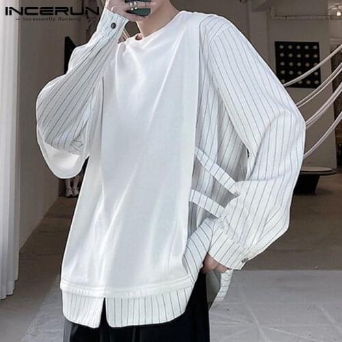 INCERUN Men T Shirt Striped Patchwork 2021 Crew Neck Streetwear Long Sleeve Irregular Tee Tops Fashion Casual Men Clothing 5XL 7