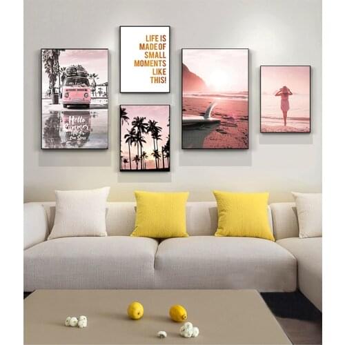 And Prints Wall Pictures For Living Room Decor Pink Sunset Beach Coconut Tree Surfboard Wall Art Canvas Painting Nordic Posters