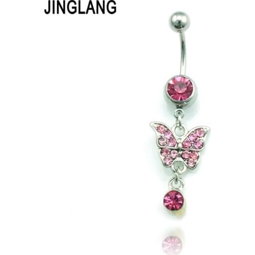 JINGLANG Belly Button Rings 316L Stainless Steel Barbell Dangle 3 Style Rhinestone Butterfly Navel Piercing Jewelry