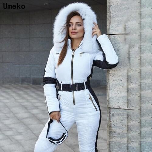 Fashion New Winter Womens Hooded Jumpsuits Parka Cotton Padded Warm Sashes Ski Suit Straight Zipper One Piece Casual Tracksuits