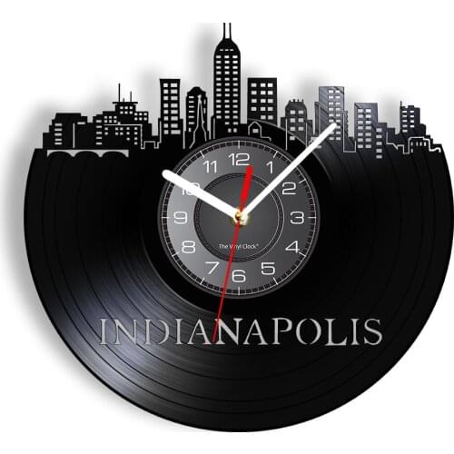Indianapolis Skyline Longplay Record Wall Clock Hoosier State Vintage Indy Cityscapes Home Decor Vinyl Silent Non Ticking Clock