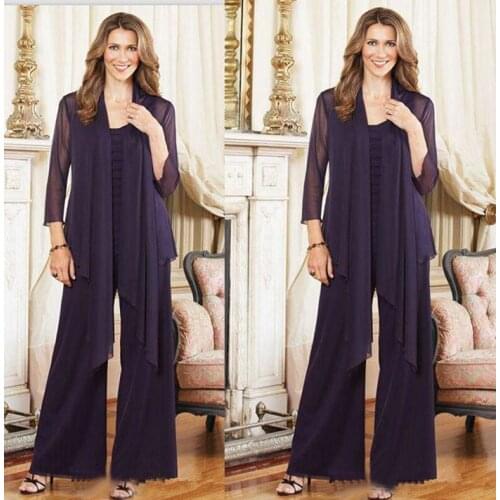 Custom Made 2016 New Style Spring Dark Purple Mother of the Bride Full Pant Suits With Chiffon Jacket Plus Size