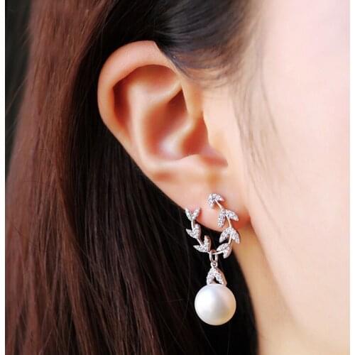 SWOUR New Fashion Jewelry 925 Silver Needle CZ Crystal Leaf Olive Branch Pearl Design Dangle Earrings For Women S433