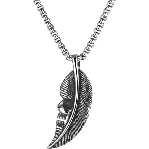 Stainless Steel Vintage Feather Leaf Skull Gothic Pendant Necklace Mens Punk Rock Skeleton Necklaces Gift For Him with Chain