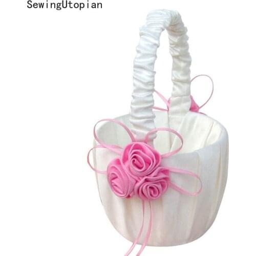 Rose Flower Girl Basket for Wedding Basket Decoration Ivory Satin for Wedding Ceremony Party Decoration Bride DIY Decorations