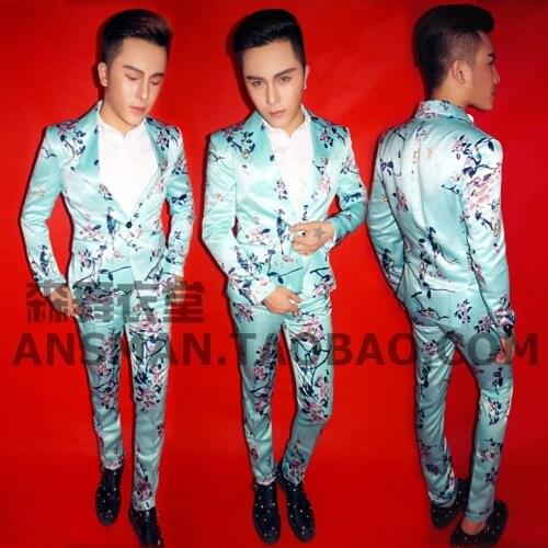 S-5xl 2020 New Men Slim Dj Singer Fashion Flower And Bird Printing Suit Male Plus Size Formal Dress Costumes Clothing