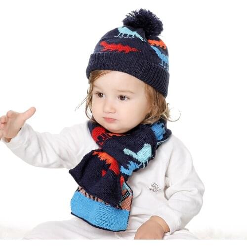 New 2020 Spring Autumn Girls hat scarf set Cartoon Dinosaur baby boys girls hat Children Hat Scarf-Collar Warm Kids Hat Caps Set
