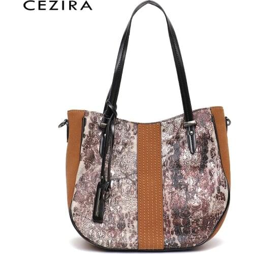 CEZIRA Women Boho Retro canvas PU Tote Luxury Animal Print Thread Patchwork Shoulder Bag Female Casual Large Crossbody Handbags