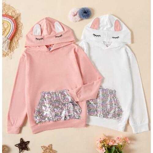 PatPat Kid Girl Sequined Pocket Eyelash Ear Design Casual Hoodie Sweatshirt
