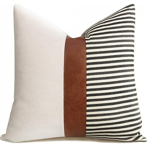 Thick Tweed Farmhouse Throw Pillow Cover Ivory Brown Color Block Decorative Linen Faux Leather Ticking Stripe Cushion Pillowcase