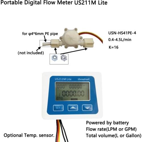 US211M Lite Digital Flowmeter and USN-HS41PE-4 0.4-4.5LPM Hall Effect Flow Sensor Total Volume and Flow Rate Display