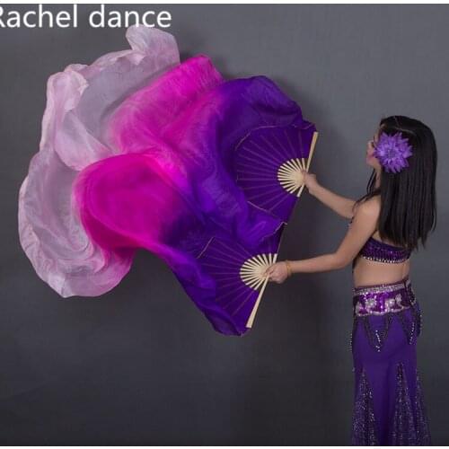 China Real 100% Silk Oriental Dancing Fan Veils Gradient Fire Many Colors Fan Belly Dancing Stage Performance Property Dance Fan