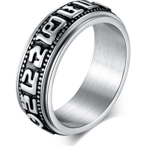 Vintage Titanium Steel Ring for Men Six Word Mantra Religious Ring Spinner Retro Ring Mens Buddhism Jewelry