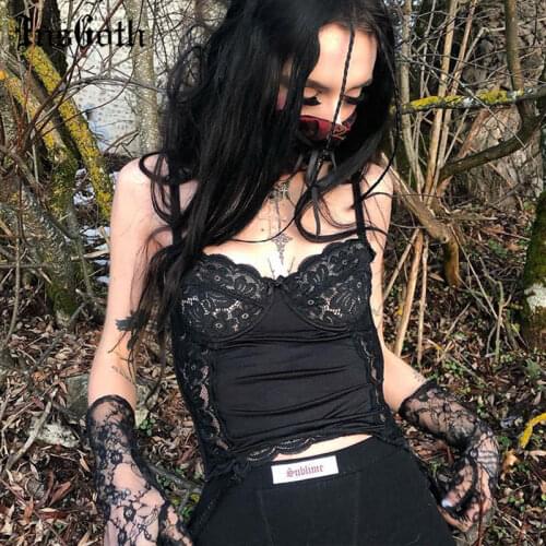 InsGoth Vintage Lace Black Camis Gothic Sexy Bra Build Bodycon Cropped Top Aesthetic Elegant Summer Basic Camisole Women Tops
