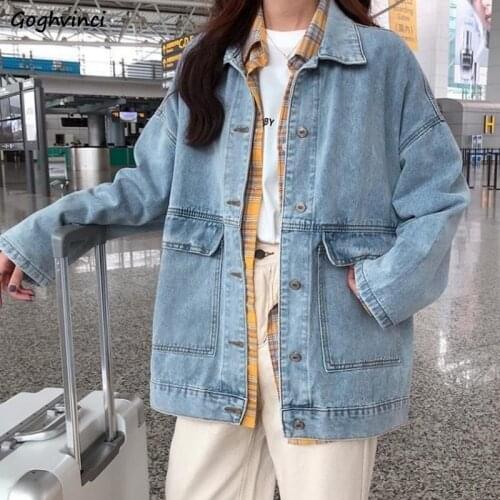 Women Basic Jackets Turn-down Collar Denim Big Pockets Retro Korean Style Streetwear Windbreaker All-match Females Spring Casual