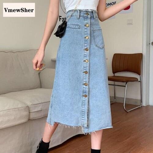 VmewSher New Irregular Denim Skirt Women Single Breasted Mid-calf Length Long Casual a Line High Waist Jean Skirts Spring Summer
