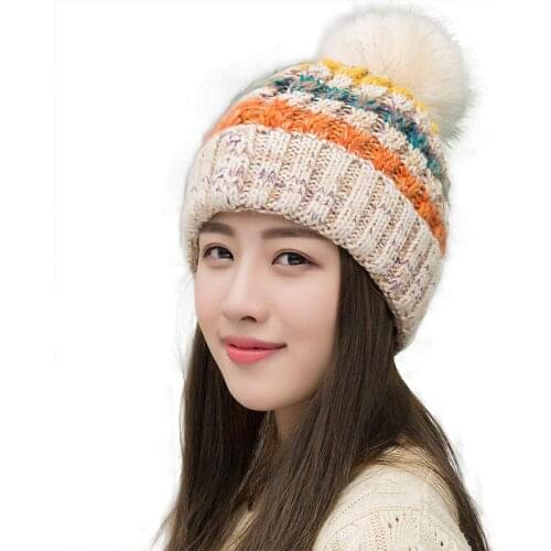 Women and Girl Fleece Lined Beanie Winter Knit Ear Flaps Skiing Mountaineering Hat with Pompom Cable Faux Knitted Hat