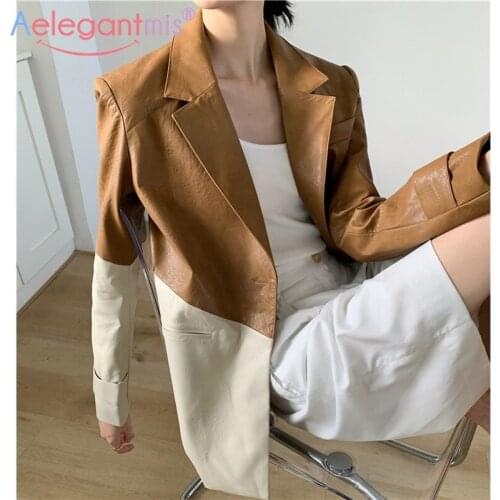 Aelegantmis 2021 Women Brown Faux Leather Blazer Coat Vintage Color Patchwork Female PU Blzer Jacket Streetwear Fashion Tops New