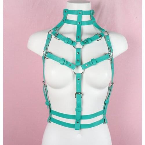 Women Rave Harness Belt Green PU Leather Top Hollow Out Sling Vest Gothic Chest Bondage Straps Suspenders Festival Clothes Punk