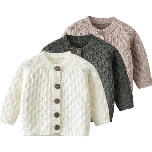 1-3Y Winter Newborn Infant Baby Girls Boys Knitted Cardigan Long Sleeve Round Neck Sweater Diamond-shaped Pattern Outer Wear