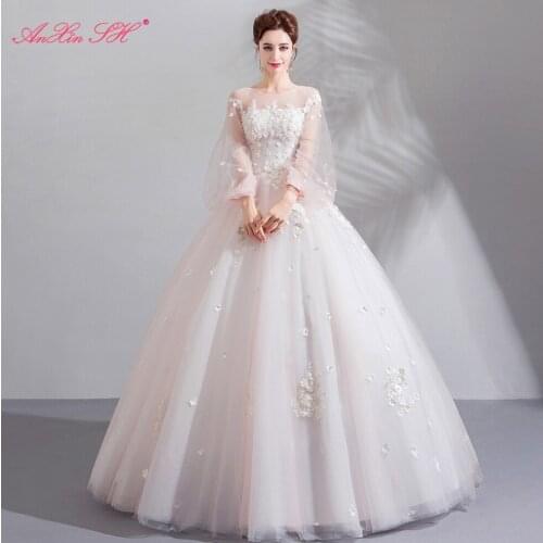 AXJFU luxury princess o neck beading flower white wedding dress vintage illusion lantern sleeve long sleeve wedding dress 9156