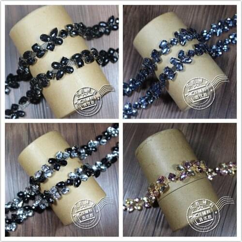 2Yards Dense Horse Eye Rhinestone Flower Chain Sew On Glass Crystal Diamond Clothing Shoelace Accessories Diy Decoration Trims