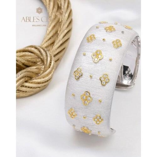 27mm 925 Silver Gold Tone Plum Flowers CZ Bangle Renaissance Wedding Blossoms Cuff Fabric Texture Bridal Bracelet C11B2S25610