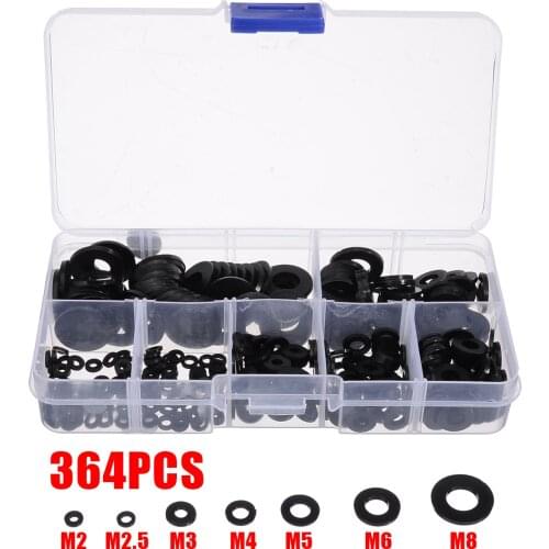 364pcs Black Nylon Rubber Flat Ring Washer Gaskets Kit M2 M2.5 M3 M4 M5 M6 M8 Metric Bolts Screws Flat Ring Washers with Box
