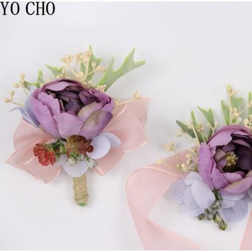 Purple Roses Groom Man Boutonniere Bridal Wrist Bracelet Artificial Silk Rose Flowers Wedding Party Flowers Man Suit Decoration