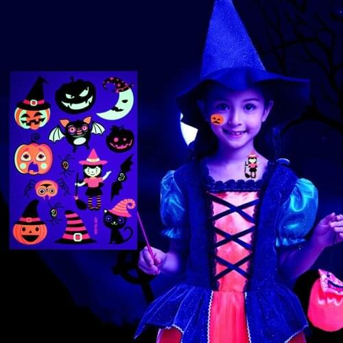 Big Size Fluorescent Temporary Tattoo Halloween Zombie Pumkin Halloween Tattoo Sticker Kids Cartoon Animal Anime Scar Sticker