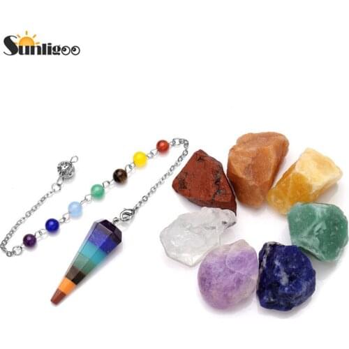 Sunligoo 2018 Hot Selling 7 Chakra Healing Crystals Natural Rough Raw Stones and Gemstone Crystal Point Pendulum Meditation Set