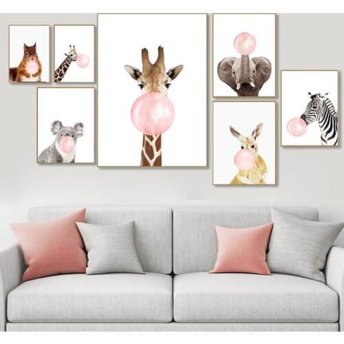 Cartoon Animal Canvas Print Painting Picture for Baby Infant Kid Bedroom Zebra Giraffe Koala Elephant Chewing Bubble Gum Poster