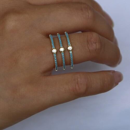 Gold Color Finger rings Unique Geometric Design CZ Ring Paved Blue nano turquoises stone Zircon Fashion Jewelry