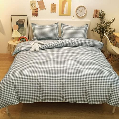 Grid Bedding Set with Quilt Duvet Cover Flat Sheet Pillowcase Boys Girls Children Adult Single Full Queen Bed Linen