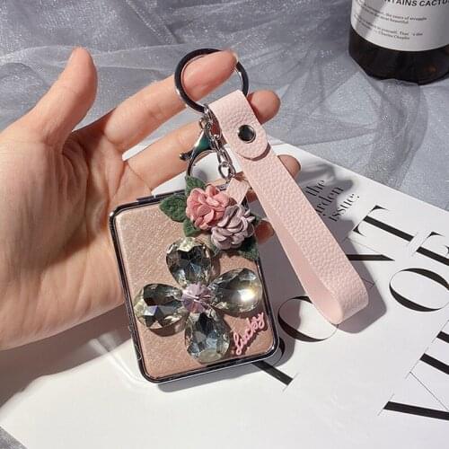 Creative gift hand-sticked glass diamond keychain rectangular convenient portable makeup mirror bag pendant car keychain pendant