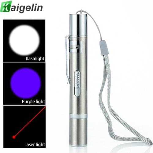 Multi-function Mini Flashlight UV Light Laser Light 3 in 1 USB Rechargeable Stainless Steel Pen Light for Camping