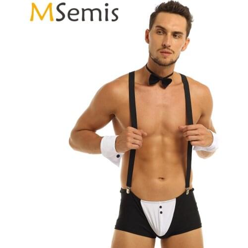 Mens Cosplay Maid Uniforms Gay Boxer Briefs+Suspender Bowtie Collar Bracelets Lingerie Set Erotic French Servant Tuxedo Costume