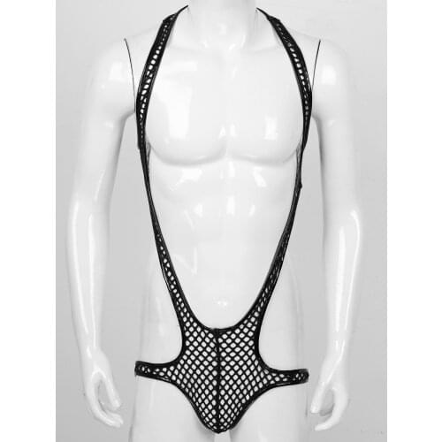 Iiniim Mens Bodysuit Catsuit Leather Edges Fishnet Hollow Out Jockstraps Pouch Singlet Lingerie Teddies Club Moto Dance Costume
