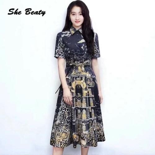 She Beaty High Street Vintage Floral Print Women Dress Elegant Fashion Turn-Down Collar Short Sleeve Party Nigh Dresses Clothing