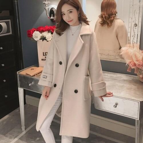 2021 Autumn Winter Korean Suit collar Woolen Jacket Female Warm Loose Double-breasted Womens Coat Casual Womens Wool Overcoat