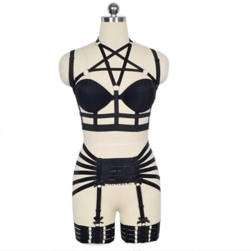 Sexy Black Adjustable Pentagram Cage Bra + Elastic Harness Garter Set Harajuku Goth Full Bondage Nightclub Lingerie N0070