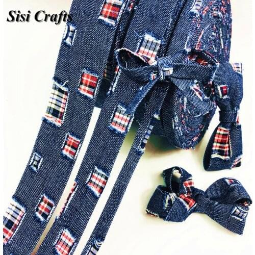 Sisi Crafts Tape Blue Denim Jeans Hollow Ribbon Fabric Ripped Plaid Ribbon Bias Trim Layering DIY Hair Bow Tie Collar Materia 1M